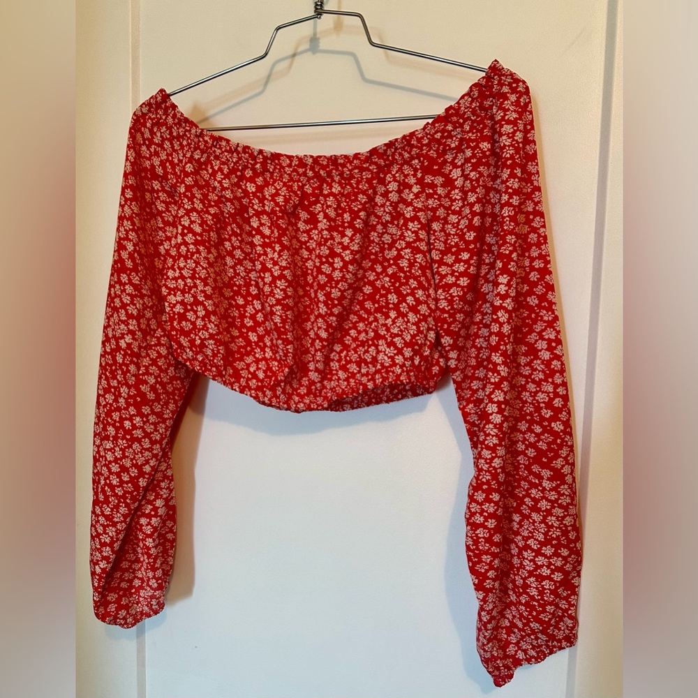 Acoa Red Floral Off-Shoulder Women's Crop Top - size M